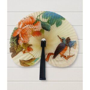 Chinese Paper Hand Fan Teal Orange Flowers Bird Black Handle Foldable 10” China